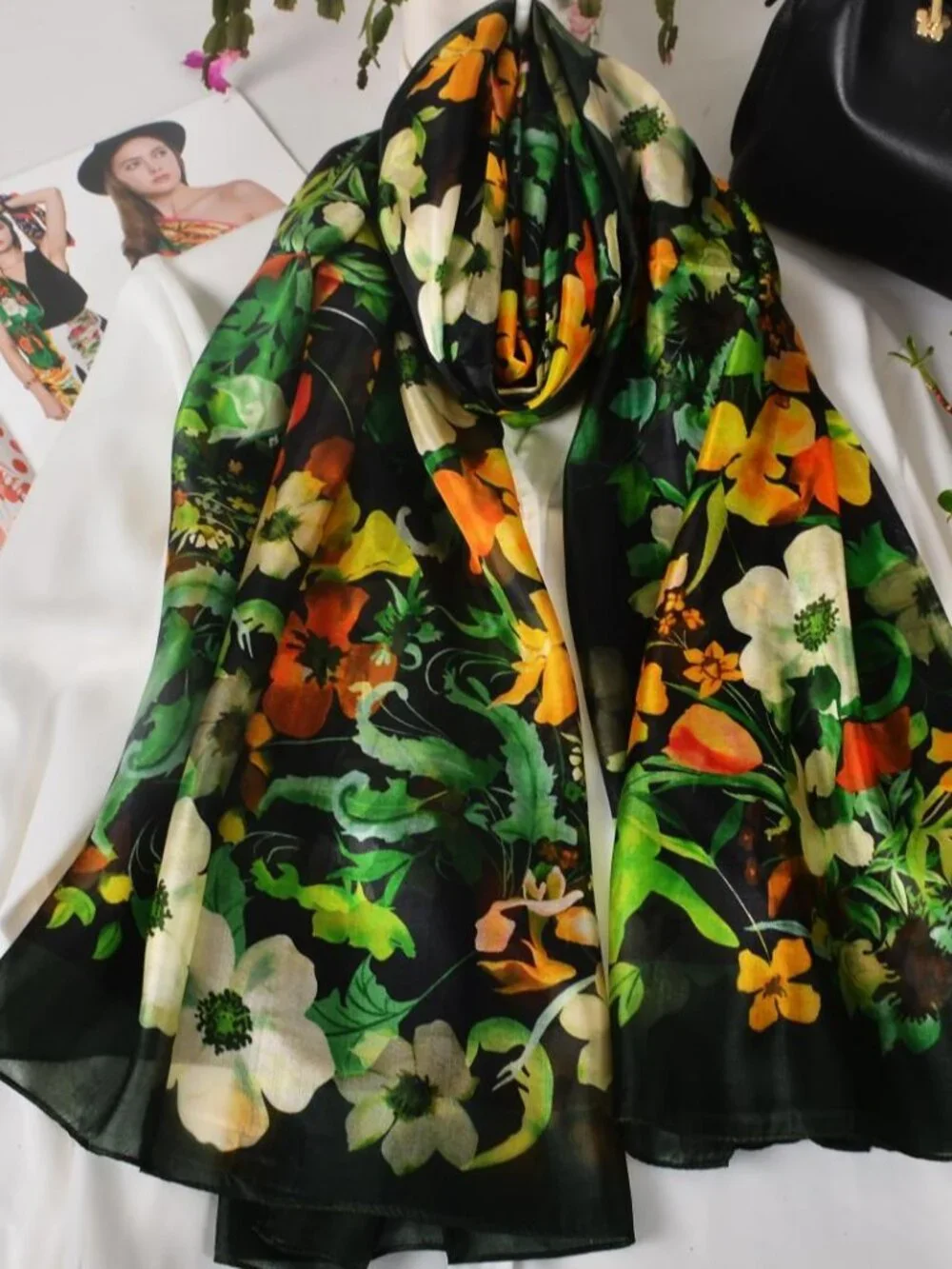 100% Mulberry Silk Scarf 69x43 Floral Long Shawl Wraps Office Wear Travel Photo